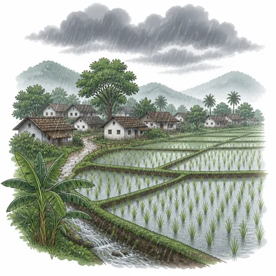 A village and rice fields experiencing heavy seasonal monsoon rain.