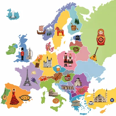 A simplified colorful map of Europe with cultural icons showing diversity across countries.