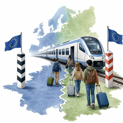 A train and travelers crossing an open border, showing connection between European countries.