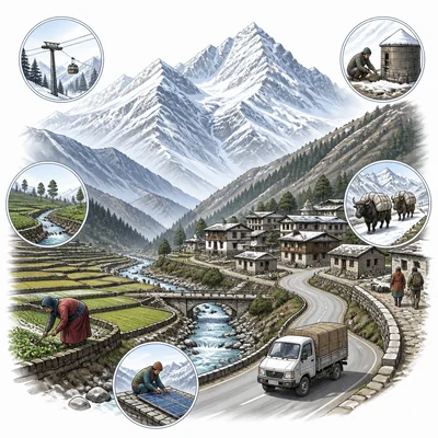Snowy mountains with a valley village, road, fields, and transportation showing mountain influence on daily life.