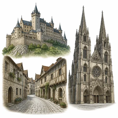 A European castle, cathedral, and cobblestone street representing historic landmarks.