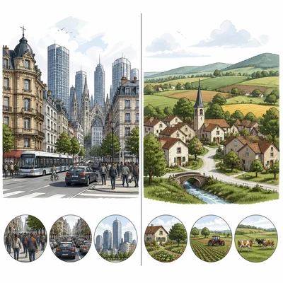 A comparison of a busy European city and a quiet rural village with farmland.