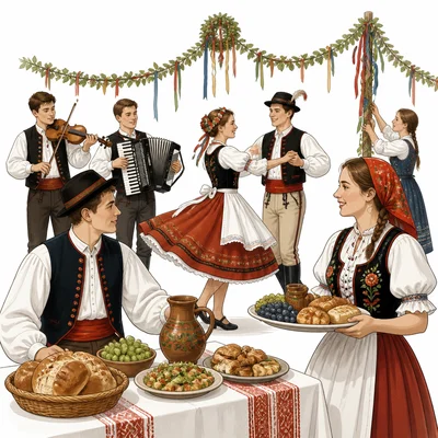 People celebrating a European festival with traditional clothing, music, decorations, and food.