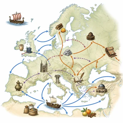 An unlabeled map of Europe with arrows and icons showing trade, travel, and cultural exchange.