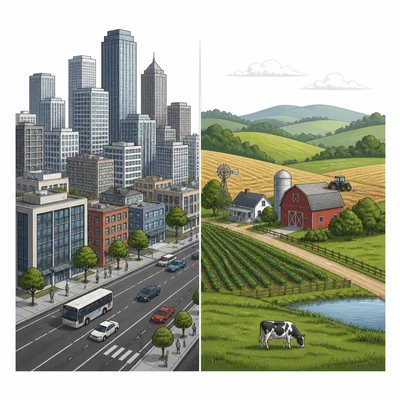 Side-by-side comparison of a large city and a rural farming area.