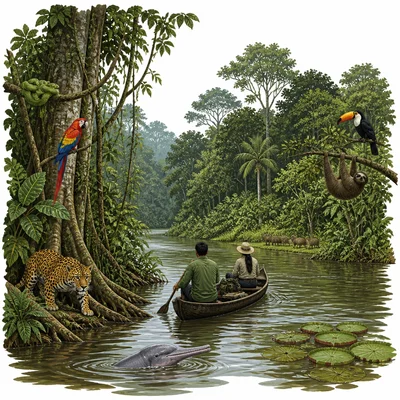 Amazon Rainforest scene with river, dense trees, wildlife, and people in a canoe.