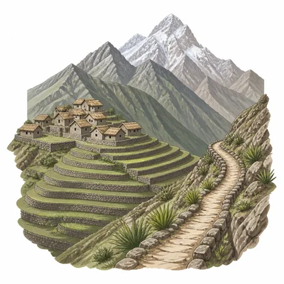Andes Mountains with terraces, a village, and a path through the mountains.