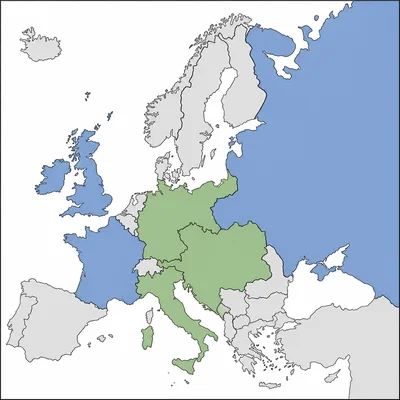Simplified map of pre-World War I Europe showing two opposing alliance blocs in different colors.