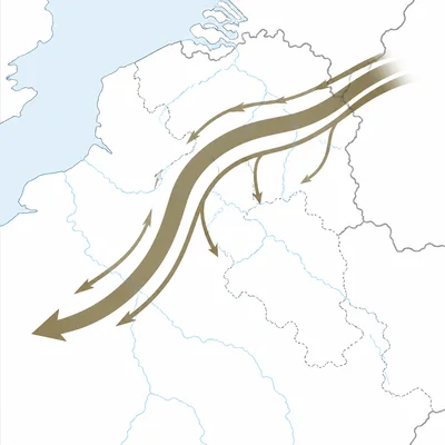 Unlabeled map diagram showing a large sweeping invasion route through Belgium into northern France.