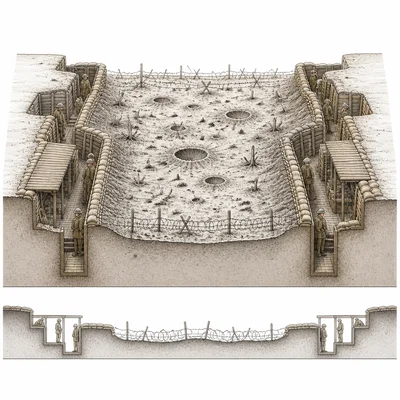 Cutaway diagram of opposing World War I trenches separated by barbed wire and cratered no-man's-land.