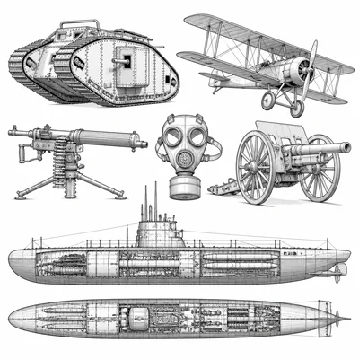 Technical collage of World War I technologies including a tank, biplane, machine gun, gas mask, artillery cannon, and submarine.