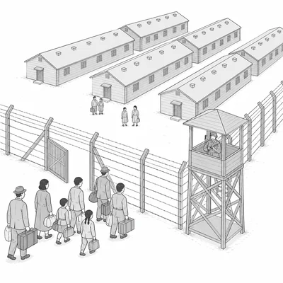 Internment camp scene with barracks, fence, guard tower, and civilian families.