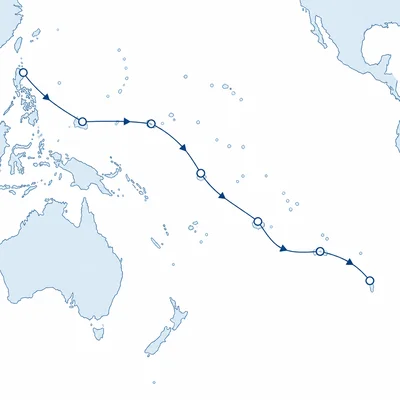 Simplified Pacific map showing an island-hopping route that bypasses some islands.