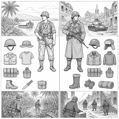 Split scene comparing tropical Pacific fighting conditions with cold urban European battlefield conditions.