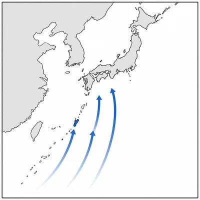 Map diagram showing two highlighted islands south of Japan and arrows advancing northward.