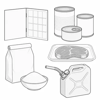 Rationing items including a blank ration booklet, canned goods, sugar, meat, and a gasoline can.