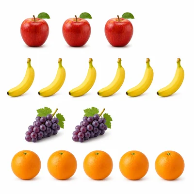 A picture graph with three apples, five bananas, two grape bunches, and five oranges.