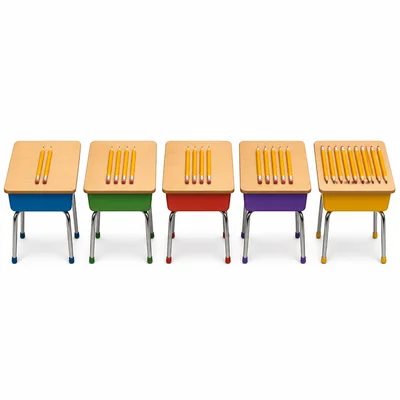 Five desks with groups of pencils, including one desk with many more pencils than the others.