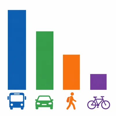 Bar graph with icons for bus, car, walking, and bicycle, showing different numbers of students traveling to school.