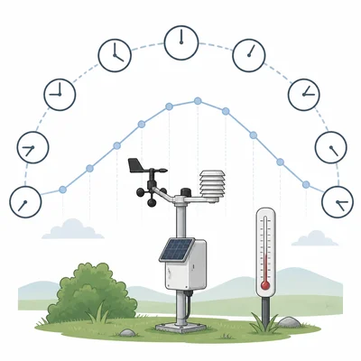Weather station with thermometer, clocks, and a simple line graph showing data collected over time.