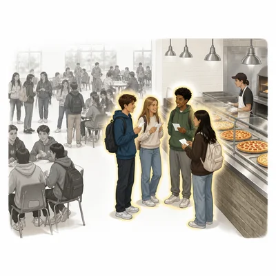 Only a small group near the pizza line is surveyed while many students are left out.