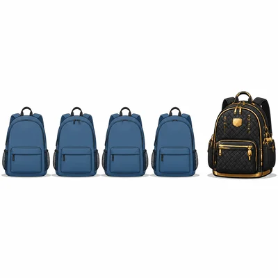 Four typical backpacks are shown with one unusually expensive-looking backpack as an outlier.