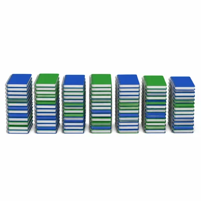 Seven notebook stacks with similar heights.