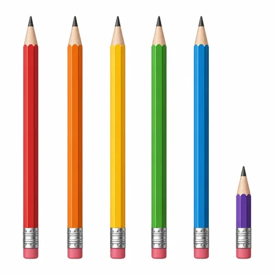 Five long pencils and one very short pencil stub.