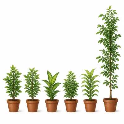 Six potted plants with one plant much taller than the rest.