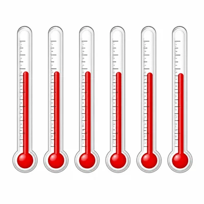 Six thermometers with similar temperature levels.