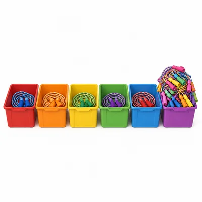 Six bins of jump ropes with one bin holding far more ropes.
