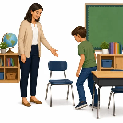 Teacher gestures toward a chair as a student prepares to sit.