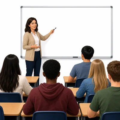 Teacher leads a class lesson at the front of the room.
