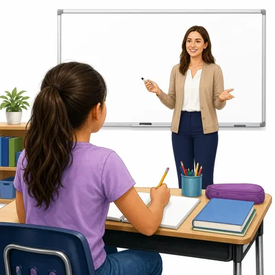 Student learns while seated at a classroom desk.