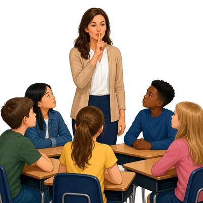 Teacher calmly signals for students to be quiet.