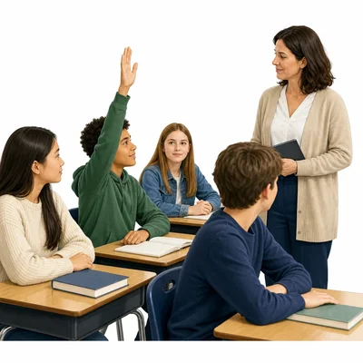 Student raises a hand during class.