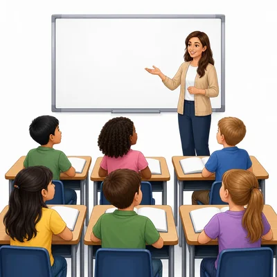 Students sit with open books and look toward the teacher.