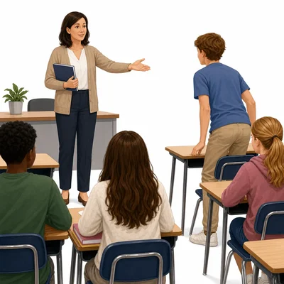 Teacher gestures for a student to stand up.