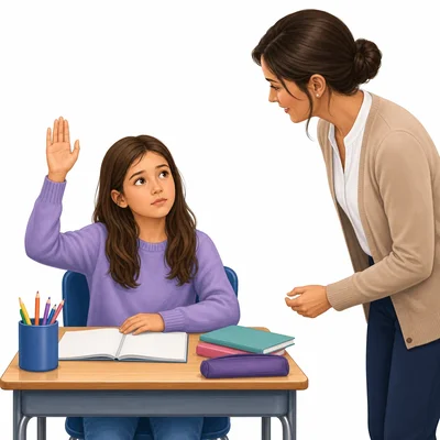 Student quietly raises a hand to ask the teacher for help.