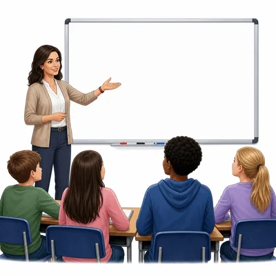 Teacher directs students to look at a blank board.
