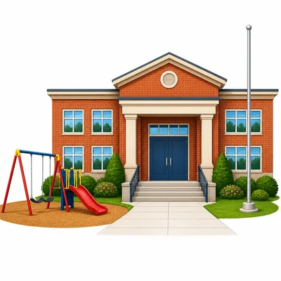 A school building with an entrance and windows.