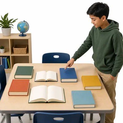 Student points to books on a reading table.