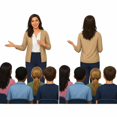 Two teachers show how facial expression and body direction affect communication.