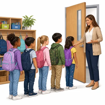 Students line up by the classroom door.