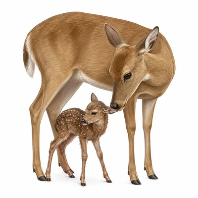Mother mammal standing beside her live newborn young.