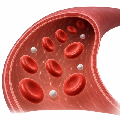 Small blood cells floating inside a blood vessel.