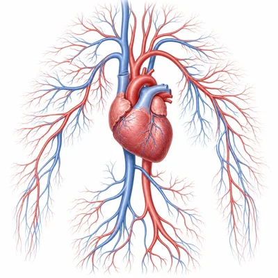 Heart connected to branching blood vessels.
