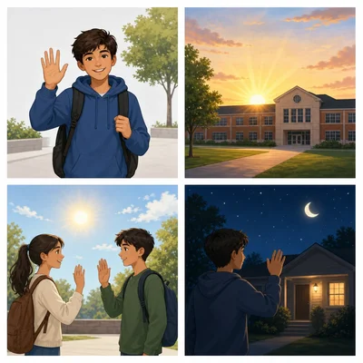 Four scenes show a student greeting, morning at school, afternoon meeting, and nighttime.