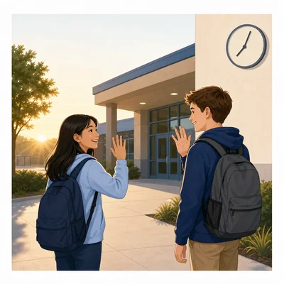 Two students greet each other outside school in the morning.