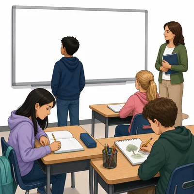 A classroom scene with students studying, looking at the board, and writing in notebooks.